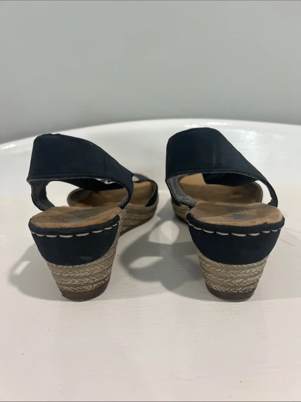 Rieker Navy Slingback Wedge Sandals with Silver Ring womens 39/8. stylish. comfo